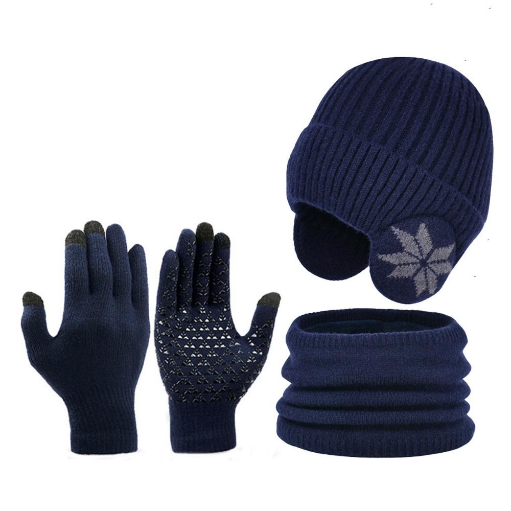 

3Pcs/Set Earflap Winter Pullover Hat Solid Color Touchscreen Gloves Kids Knitted Hat Streetwear темно-синього кольору