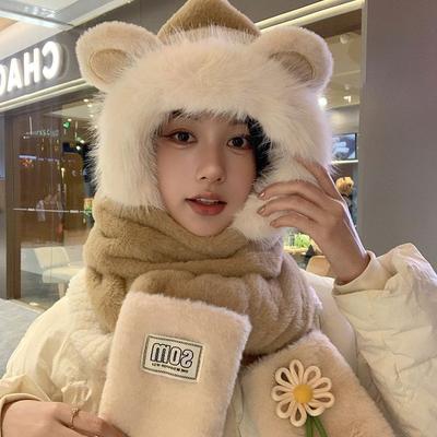 Stylish Cute Bear Scarf Gloves Integrated Plush Hat Female Face Small Outdoor Cold Warm Ear Hat Tide