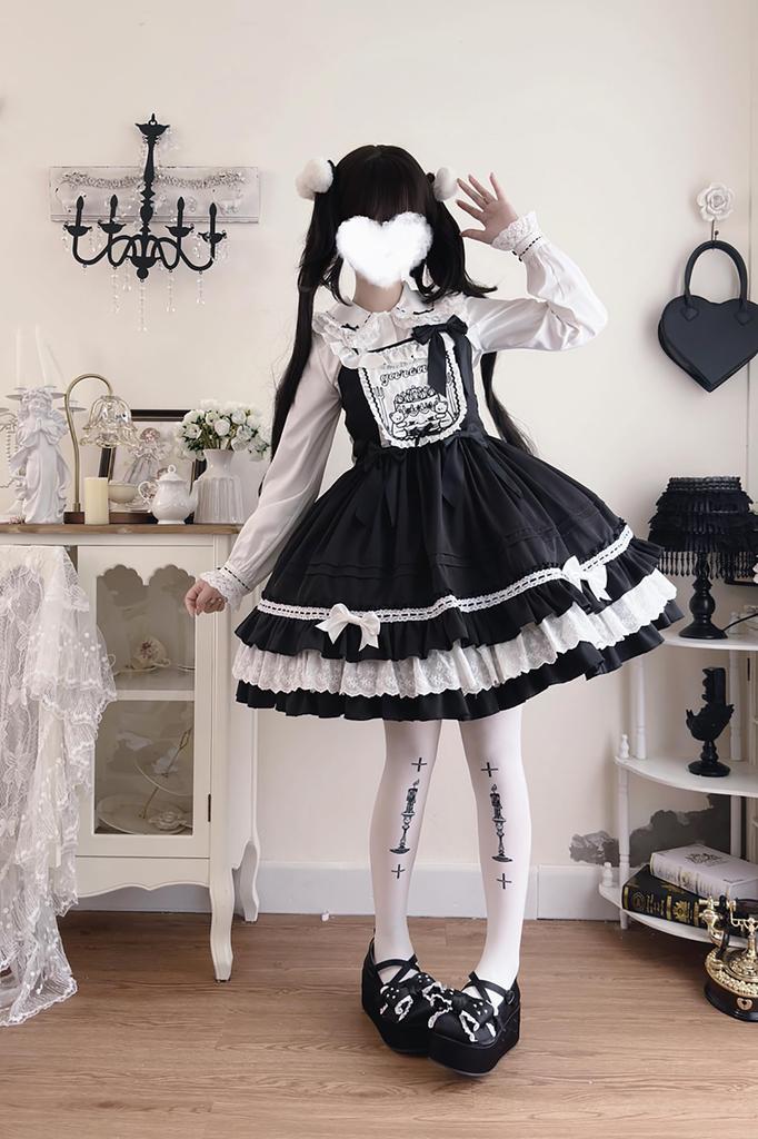XHSUKADO Lolita JSK Jumper Skirt Camisole Ribbon Dress Kawaii Gothic Lolita Dress Clothing Frills Bear Pattern Mori Girl Princess Cosplay Costume Loli