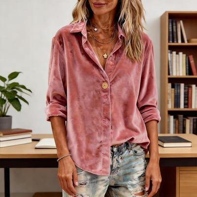Women Shirt Lapel Long Sleeve Single Breasted Cardigan Shirt Solid Color Loose Fit Velvet Shirt Spring Autumn Daily Wear