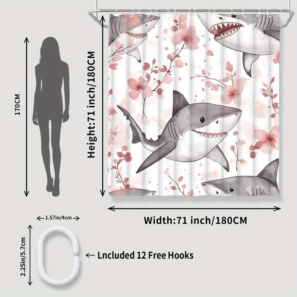 1pc Shark & Floral Shower Curtain - Polyester, 71x71", 12 Hooks, Machine Washable, Modern Design