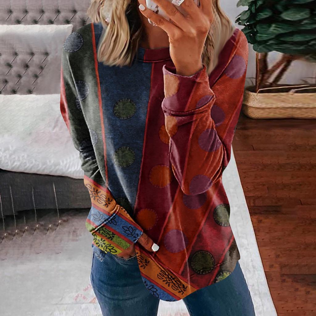 Women's Round Neck Tops Cotton Women's Casual Fashion Nationality Print Long Sleeve O-Neck Pullover Top Blouse
