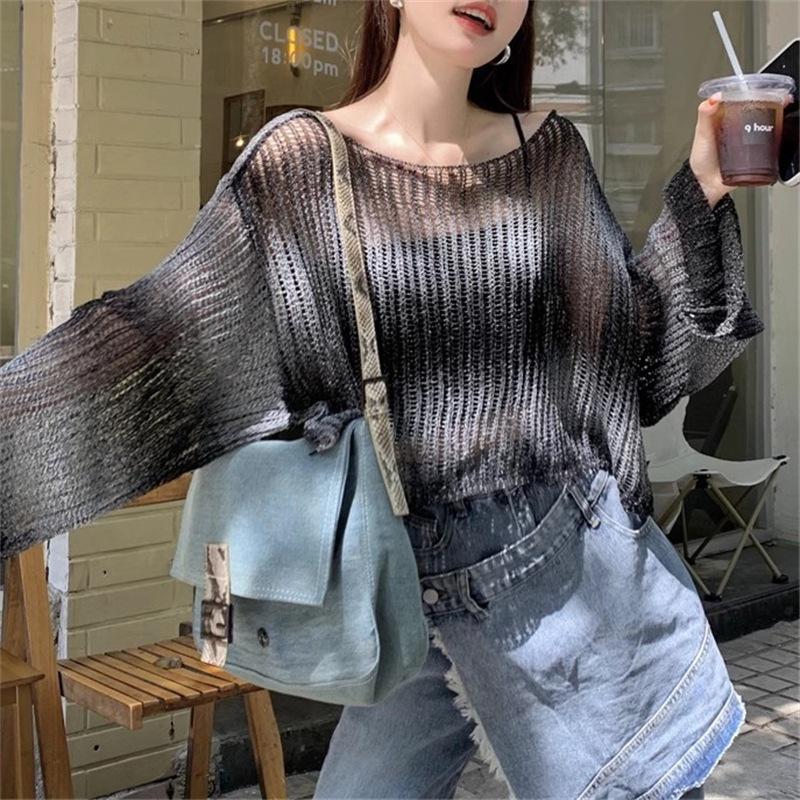 

Летняя градиентная трикотажная рубашка женская с длинным рукавом, ажурная солнцезащитная, свободная, рукав летучая мышь, тонкий, утягивающий топ L