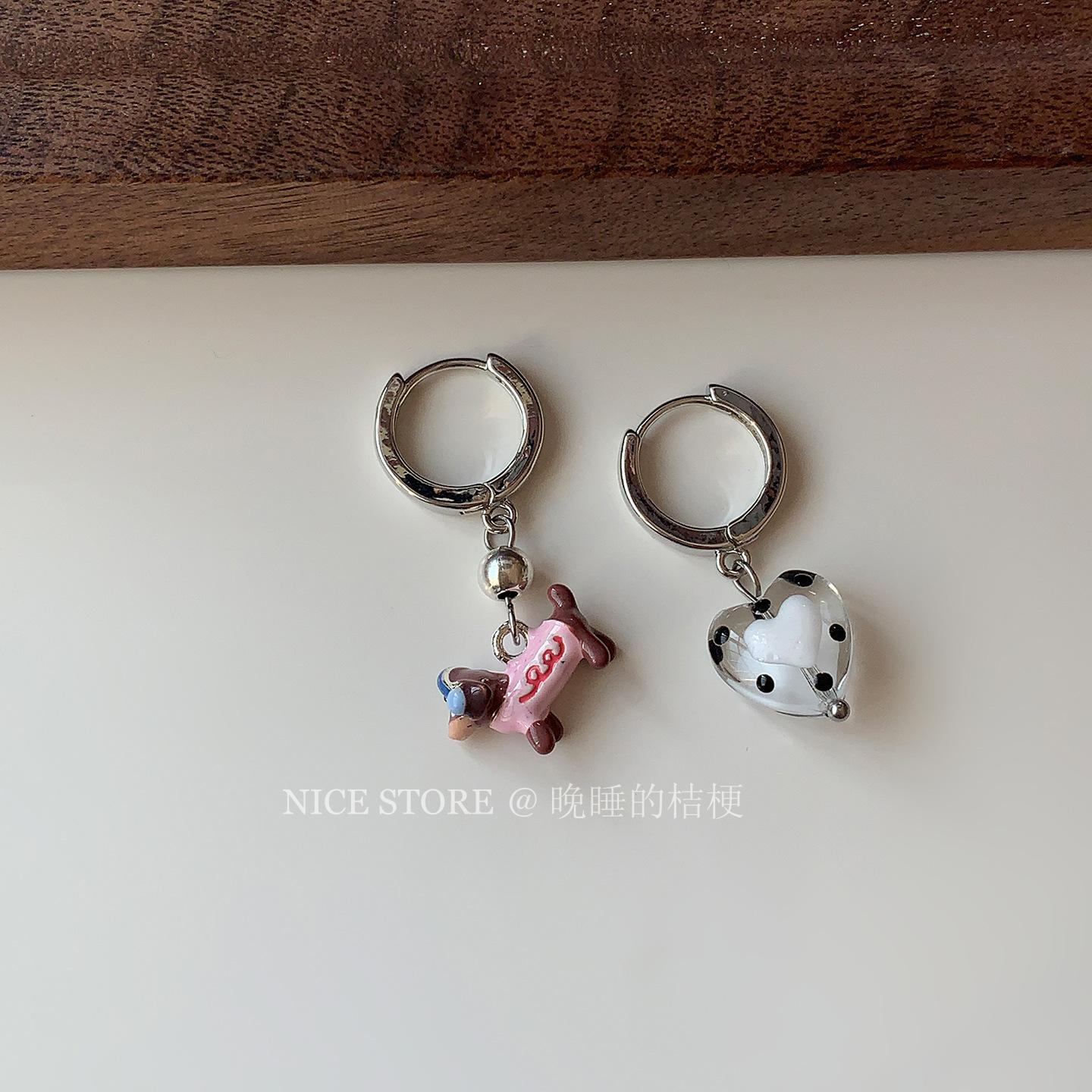 Double Cute  Pink Sausage Puppy Pearl Necklace Love Girly Versatile Earrings