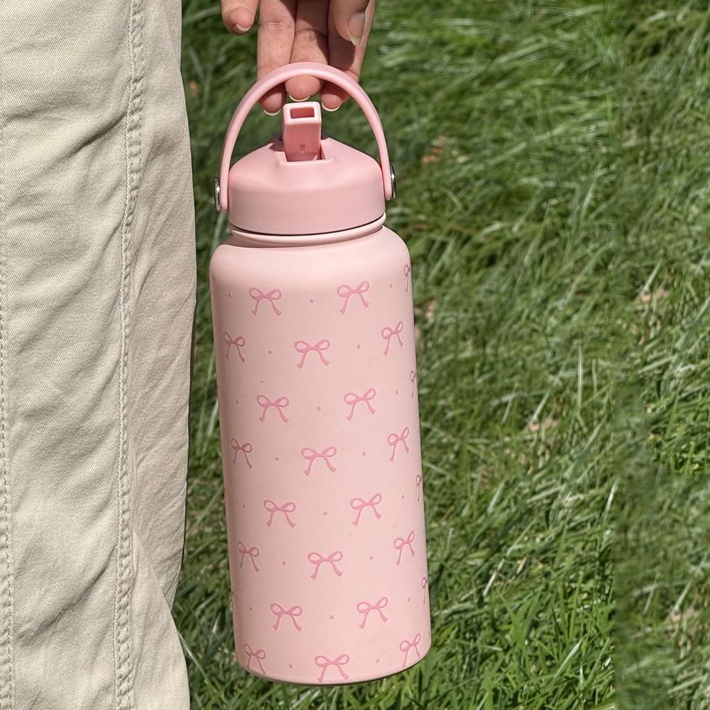 1L Insulated Water Bottle with Flip Straw and Handle Pink Bow Vacuum Insulated Sports Bottle for Travel Gym and School