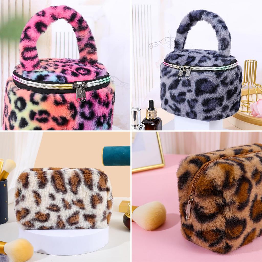 Leopard Print Cosmetic Bag with Stylish Makeup Cosmetic Storage Queen-b Pouch, Round, Box, Bag, Cute, Portable, Travel, Multi-Pouch, Women's (Brown)