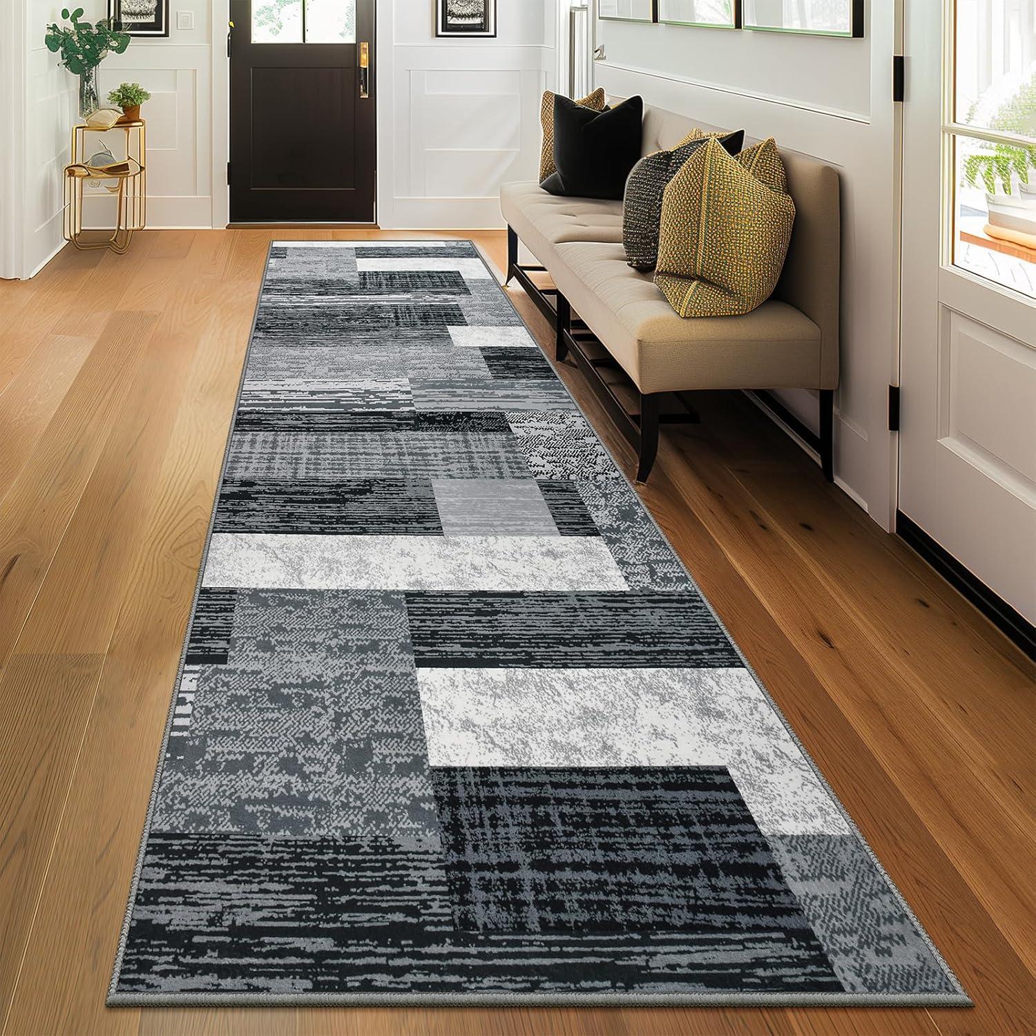 

Nordic Minimalist Grey Block Runner Rug Non-Slip, Geometric Patchwork Textured Floor Mat Washable,Modern Decorative Entryway Rug 40x120cm