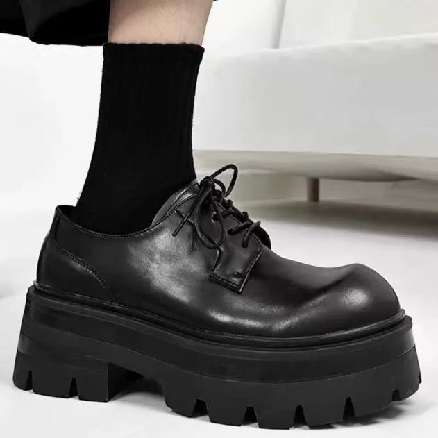 Men's Black 7CM Height-Increasing Derby Shoes - 2025 British Style, Thick Leather