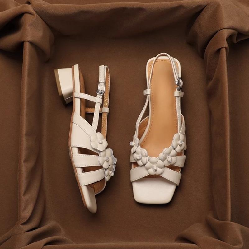 Fashion Open Toe Block Heel Roman Sandals Women's Summer New Fashion Square Toe Shallow Mouth One Strap Flower Sandals