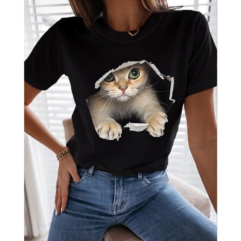 Summer 3D Printed Cat Casual Women's T-shirt with Cat Pattern Printed Round Neck Shirt