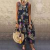 Abito Lungo Lento da Donna Vintage Senza Maniche Scollo O Stampa Floreale Foglie Cotone Lino