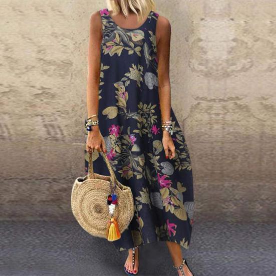 Abito Lungo Lento da Donna Vintage Senza Maniche Scollo O Stampa Floreale Foglie Cotone Lino