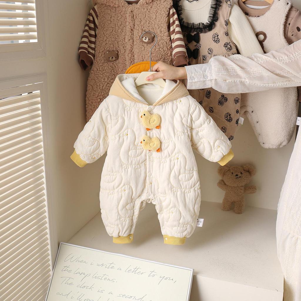 Cozy Fleece-Lined Winter Hooded Romper for Baby Boys & Girls - Thick Outdoor Wear for Infants