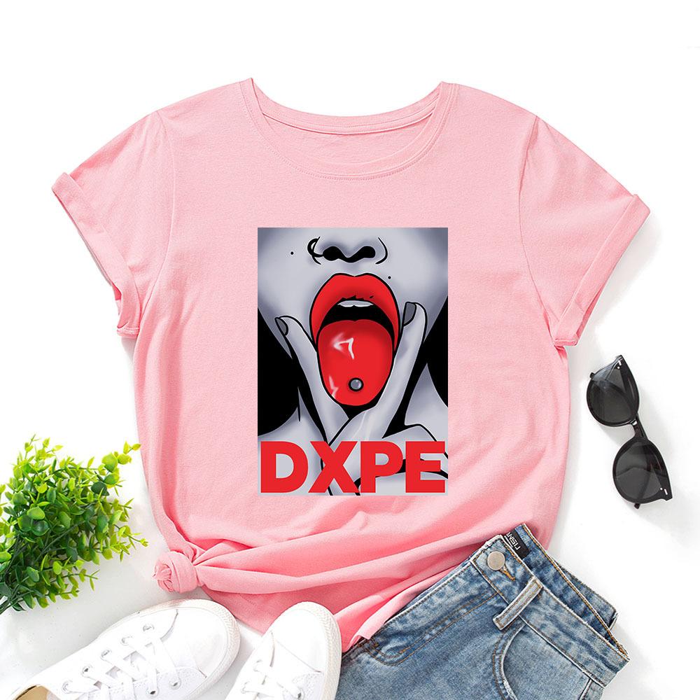 

Summer Round Neck Mouth and Tongue Graphic Printed Top Fashionable Casual Pure Cotton Short Sleeved Women s T-shirts 3XL