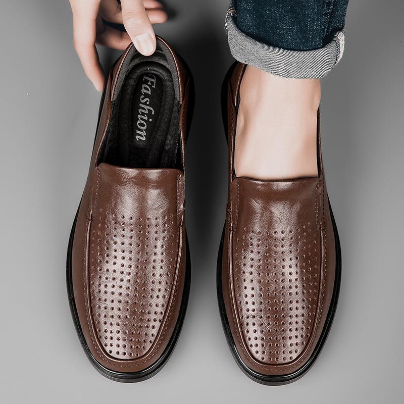 Business Men Genuine Leather Shoes Leather Anti-slip Rubber Loafers  Man Casual Shoes Summer Breathable Hollow Out Leather Shoes
