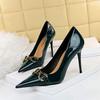 Red White Metal Buckle Wedding Shoes Women  New Patent Leather Shallow High Heels Pumps Fashion Pointy Toe Party Shoes Woman