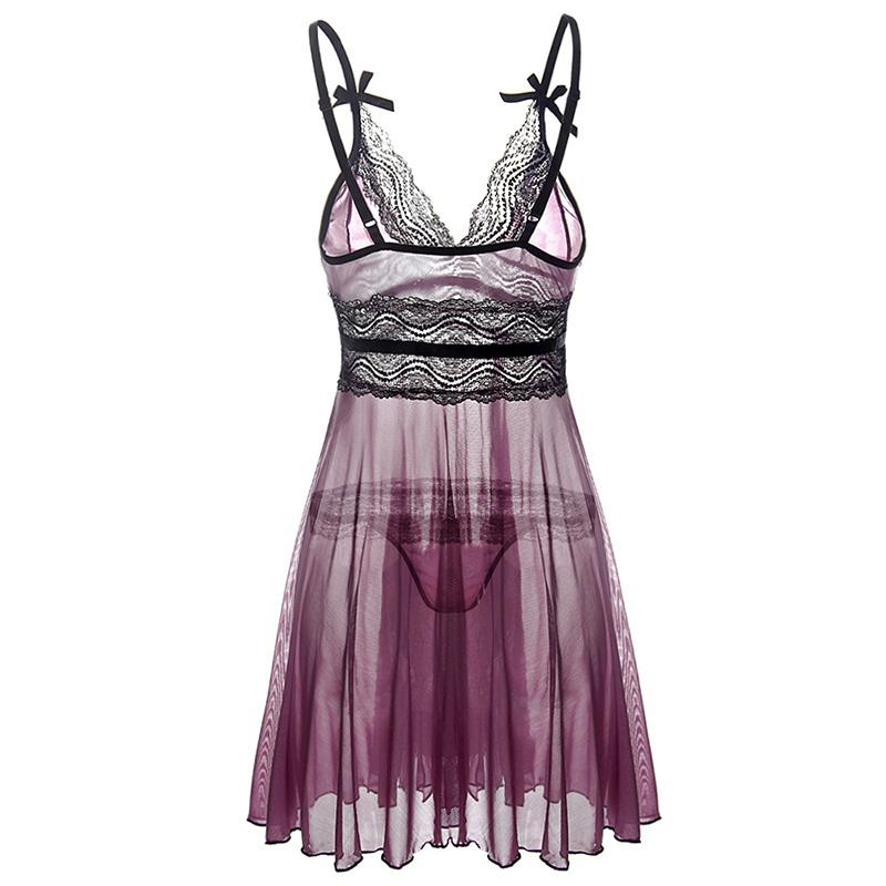 Womens Plus Size Sexy V-neck Lace Sleepwear Lingerie Dress with G-String