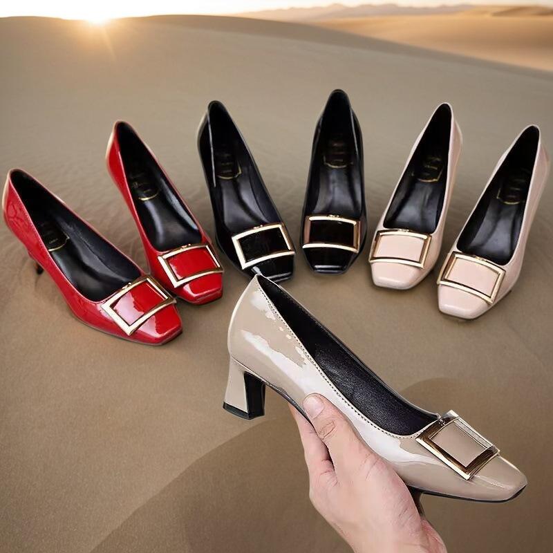Lady Ww Classic Rv Square Buckle Small Square Head Shallow Mouth High Heels Women's Autumn and Winter New Thick Heel Flat Bottom Commuter Shoes