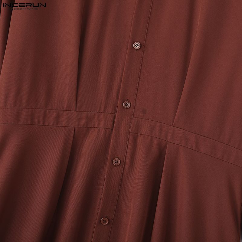 INCERUN Men Stand Neck Long Sleeve Button Up Casual Pleated Long Shirts Tops