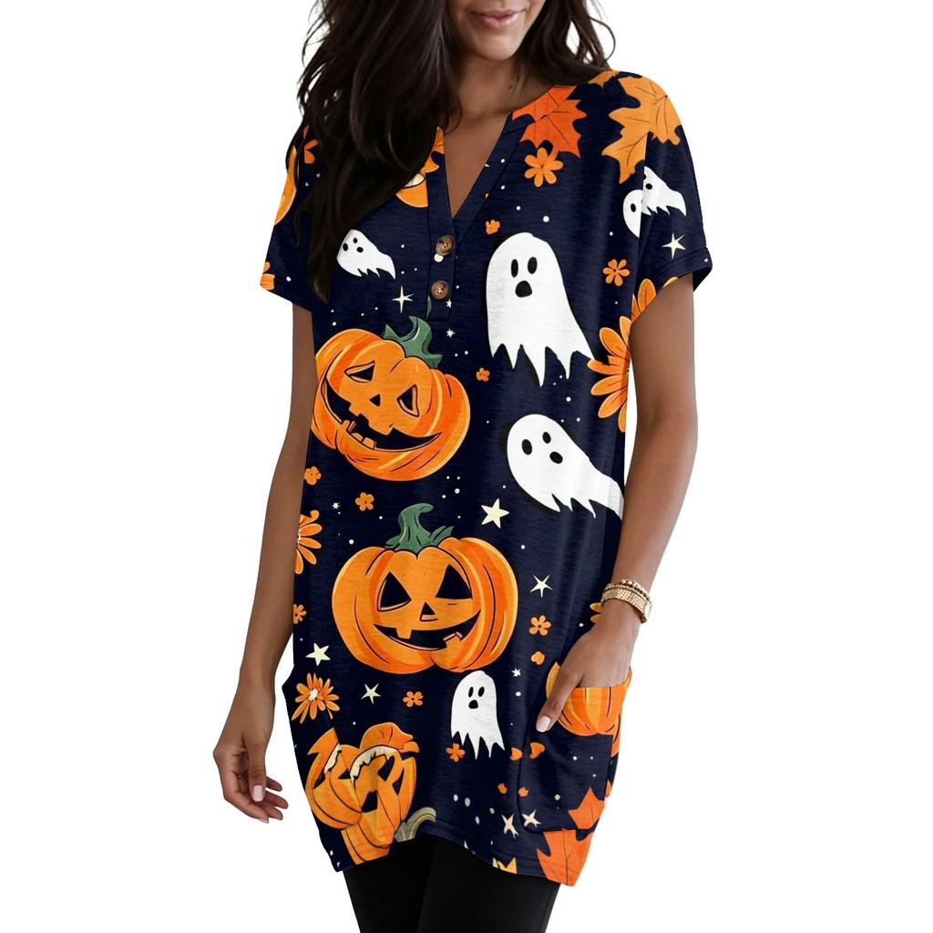Women's V Neck Halloween Print Short Sleeve Pullover Dress with Pockets Casual Loose Fit Tunic Top
