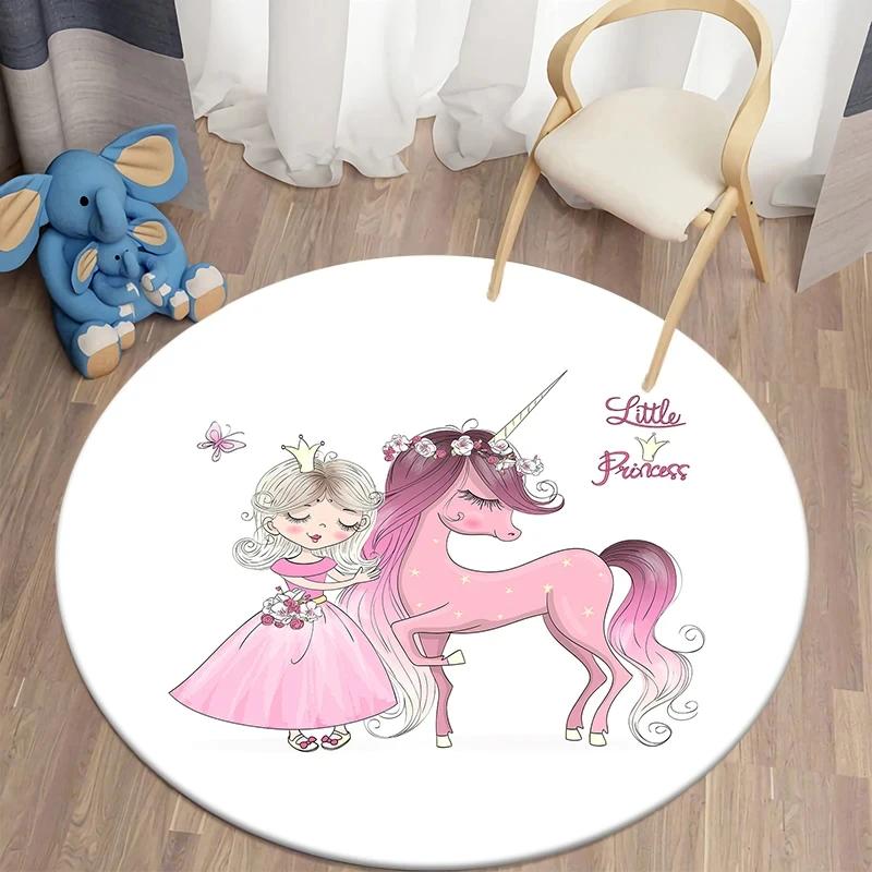 Ballet Dancer Girl Round Carpet Cute Cartoon Animal Fairy Print Area Rug For Bedroom Living Room Decor Non-Slip Play Floor Mat