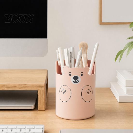 Macaron Colors Desk Organizer Cute Bear 2-in-1 Pen Holder & Phone Stand, Organizer, Large with Stand Capacity Storage for Pens Makeup Brushes Scissors
