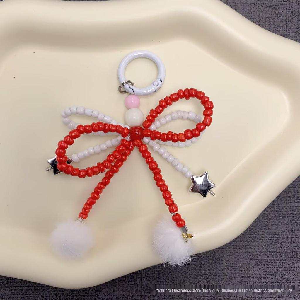 Autumn Winter Fluffy Bow Phone Chain with Beaded Lanyard for Universal Phone and Camera Cases