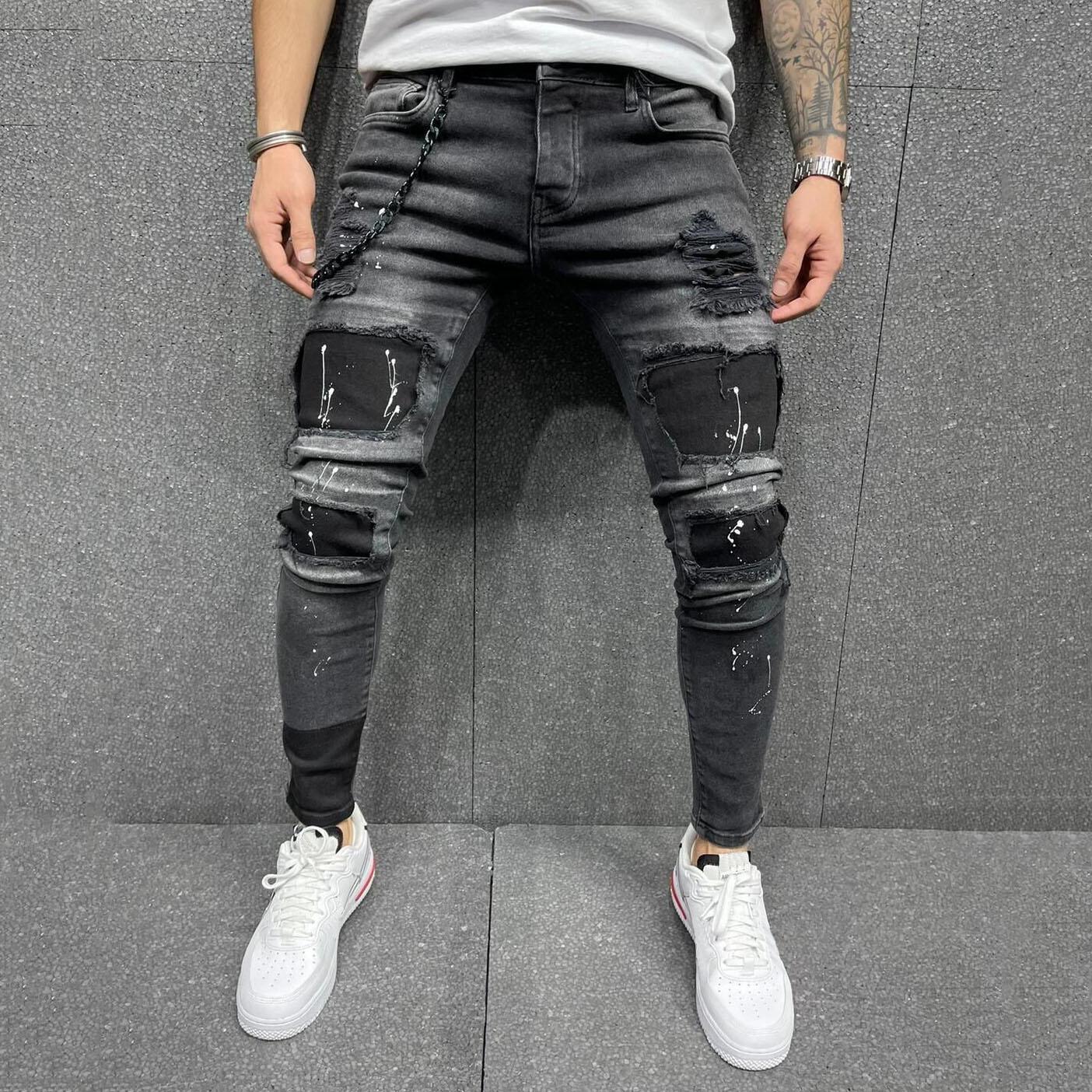 

Мужские рваные дыры Джинсы Модные принтованные узкие брюки Накладные эластичные джинсы Мужские повседневные брюки