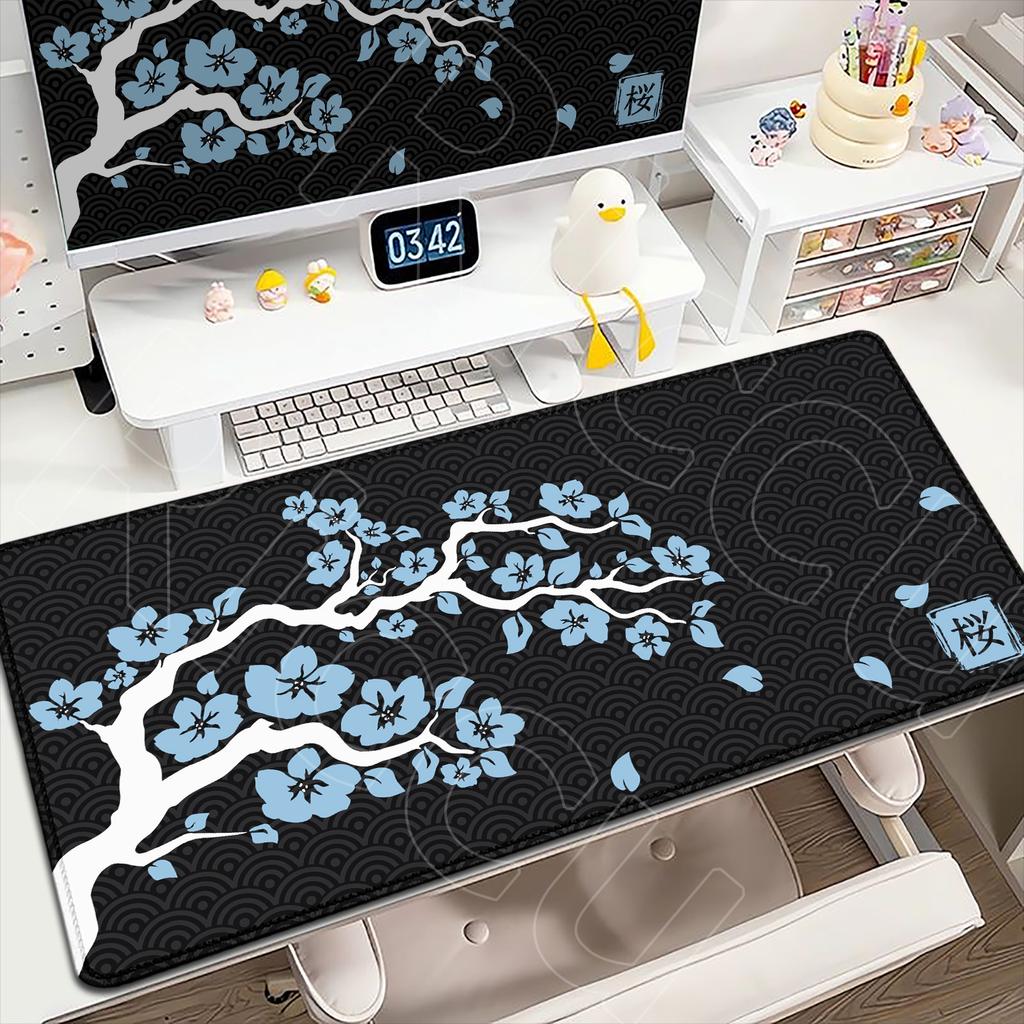 Rosa und Schwarz Neue Kirschblüte Schlossrand Natürliches Gummi Mauspade Großes Gamer Schreibtischpad Sakura Kunst Design Tastaturmatte Waschbar