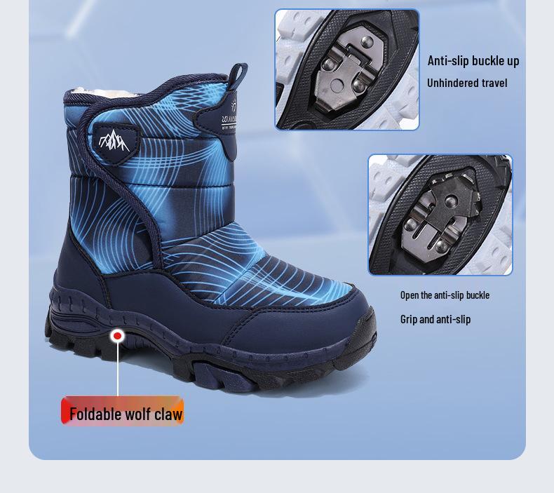 Children's Waterproof Snow Boots with Ice Cleats - Warm, Non-slip, Velvet-lined Winter Boots for Medium To Large Kids, Blue.