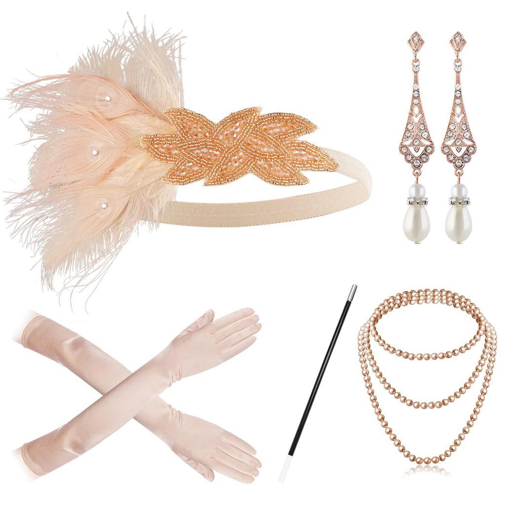 1920s Flapper Headband & Accessory Set: Feather Headband, Necklace, Gloves, Cigarette Holder, and Earrings for Ball Theme Parties & Annual Meetings.