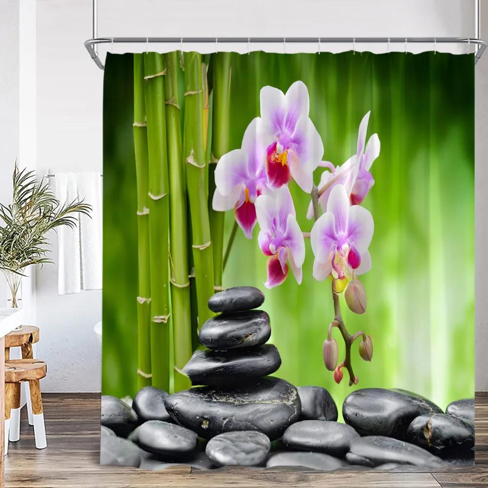 Zen Shower Curtains Black Stone Green Bamboo Lotus Spa Candle Purple Orchid Natural Leaf Bathroom Curtain Meditation Bath Decor