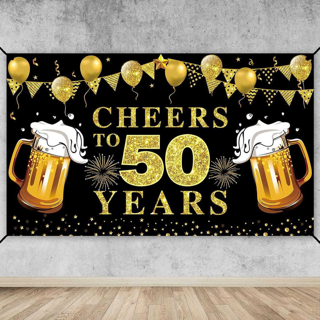 Lnlofen Cheers to 50 Years Banner Backdrop, Black Gold Happy 50th Birthday Decorations, 50 Anniversary Banner Poster Sign Party Supplies (72.8 x 43.3