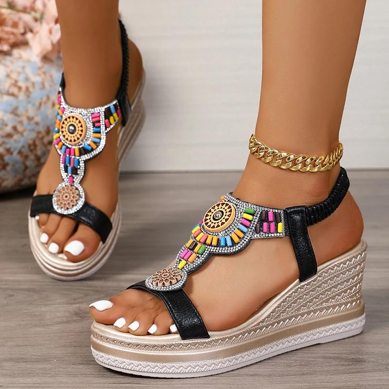 Fashion Bohemian Style Wedge Heel Sandals Women Summer 2025 Thick Sole Non Slip Beach Shoes Woman Colorful Bead Chunky Platform Sandals
