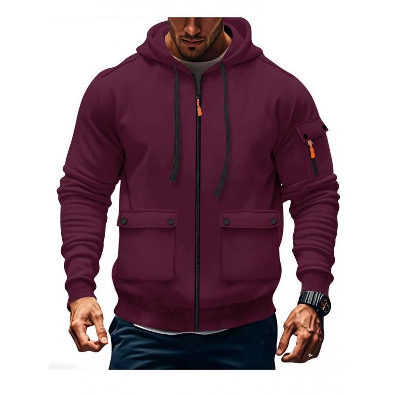 2025 Autumn and Winter New Hooded Pocket Zipper Casual Sweatshirt Simple Solid Color