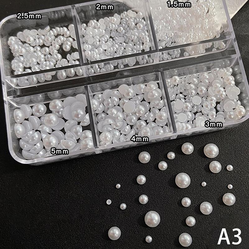 6 Grids Round White Pearls Nail Beads Nail Charms Caviar Beads Nail Jewels Half Round Pearl Gems Diy Nail Art Decor