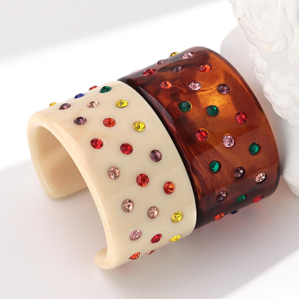 Retro Colorful Rhinestone Resin Wide Cuff Bangle for Women Valentine's Day Statement Open Bracelets New Trendy Jewelry Gifts