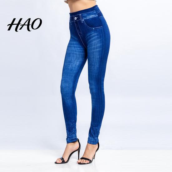 Fake Jeans Imitation Leggings Printed Super Elastic Women Faux Denim Pants High Waist Butt Lift Cropped Streetwear