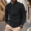 Camisa Henley Casual Retro de Algodão e Linho para Homem, Botão, Manga Comprida