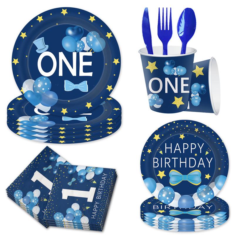 Boy Blue First Birthday Party Tableware Disposable Paper Plates Paper Cups Paper Towels Party Supplies Set