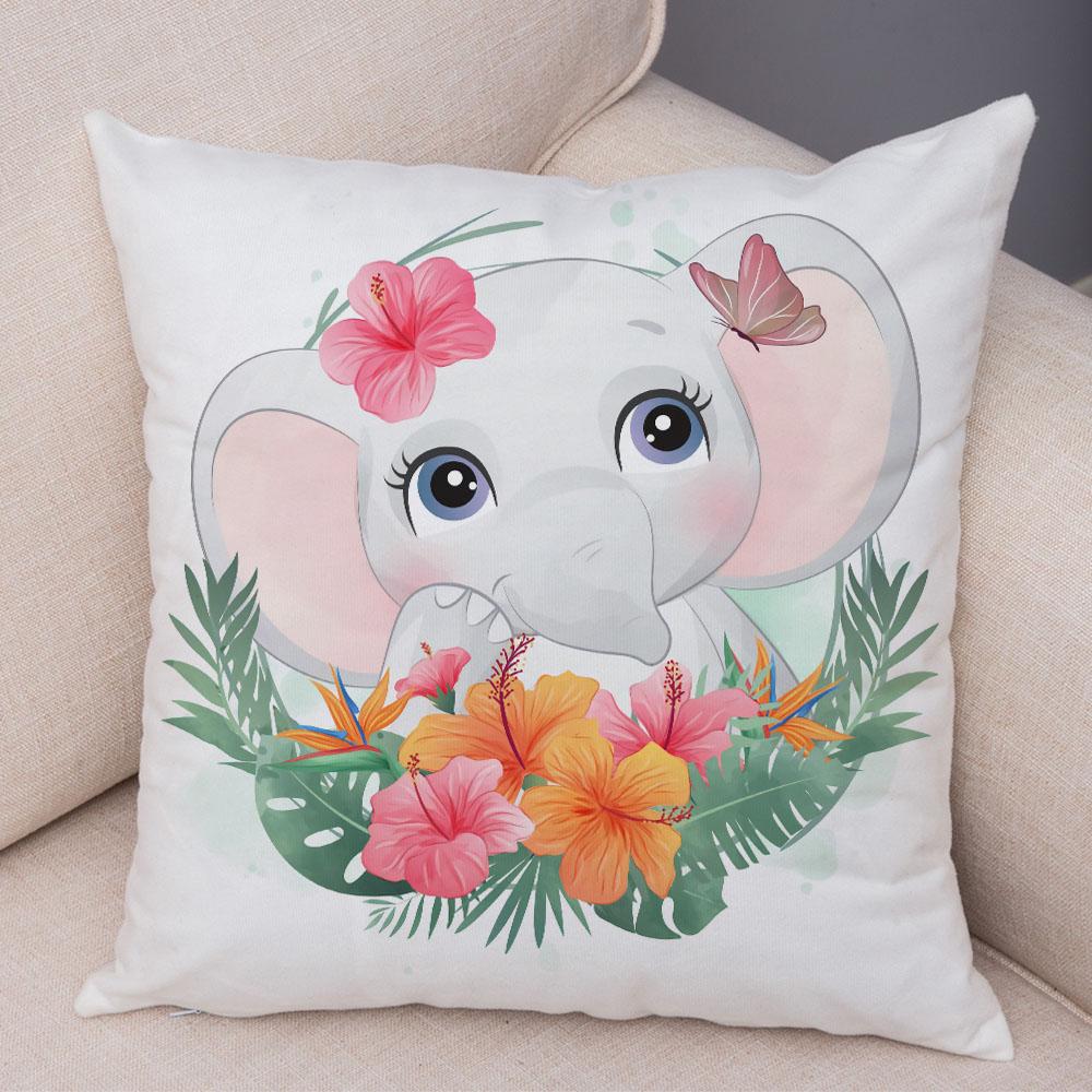 Cartoon Bird and Leaves Pillow Case Decor Cute Animal Lion Cushion Cover for Children Room Sofa Home Plush Pillowcase 45x45cm