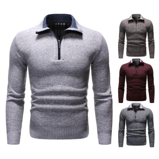 Ribbed Cuffs Long Sleeve Knitted Sweater Shrink Resistant Zipper Neck Lapel Winter Sweater Male Clothing