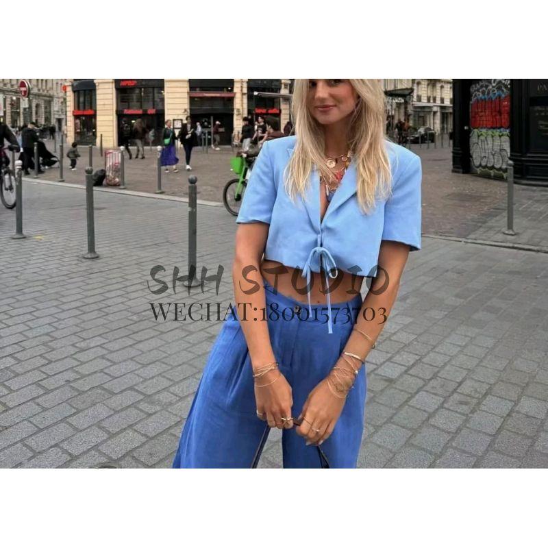 Spring New Versitile Fashion V-neck Short sleeve with Shoulder Pad Bowknot Decoration Short Blazers 8338711