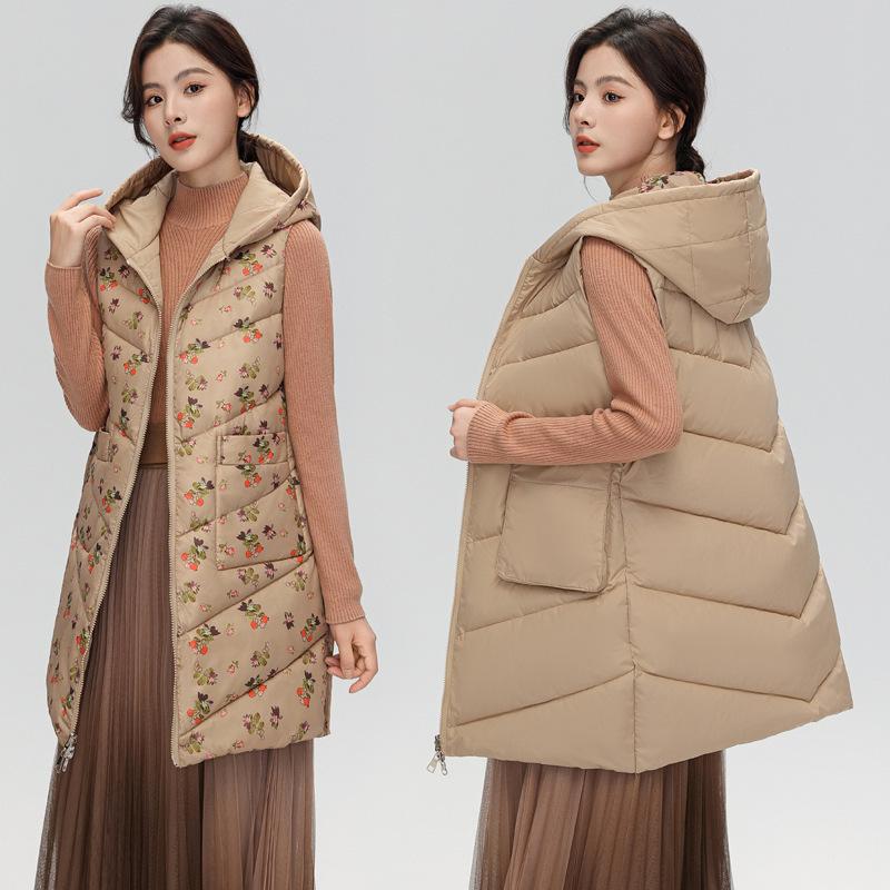 

Wearing a hooded cotton vest on both sides to keep warm, autumn and winter women s new thickened slim vest, wearing a coat on both sides M хаки