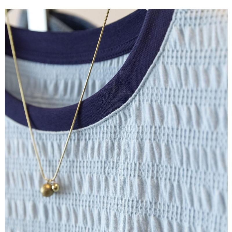 Women's White Textured Contrast Trim Crew Neck Ruffle Short Sleeve T-Shirt