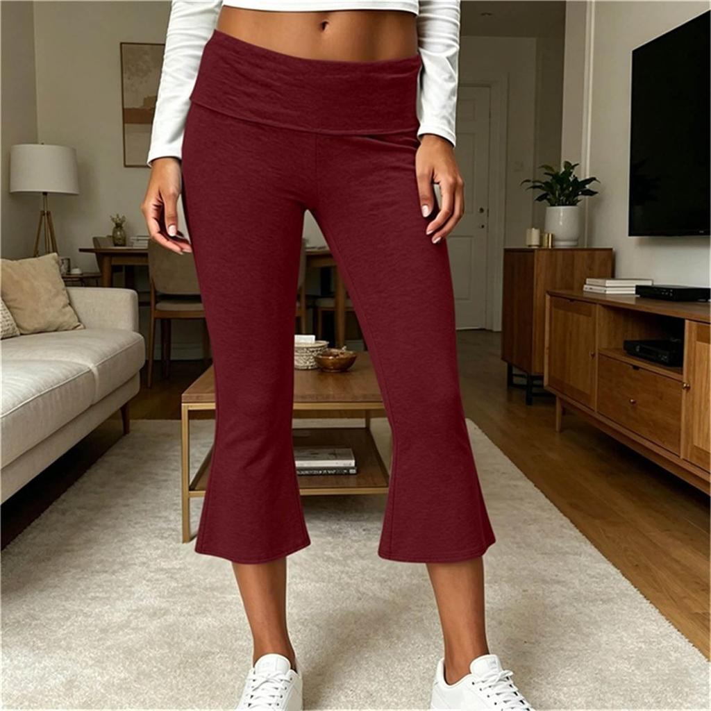 Women's Low- Yoga Pants with Flare Bell Bottom and Fold-Over Waist, for Yoga, Gym, and Casual Wear