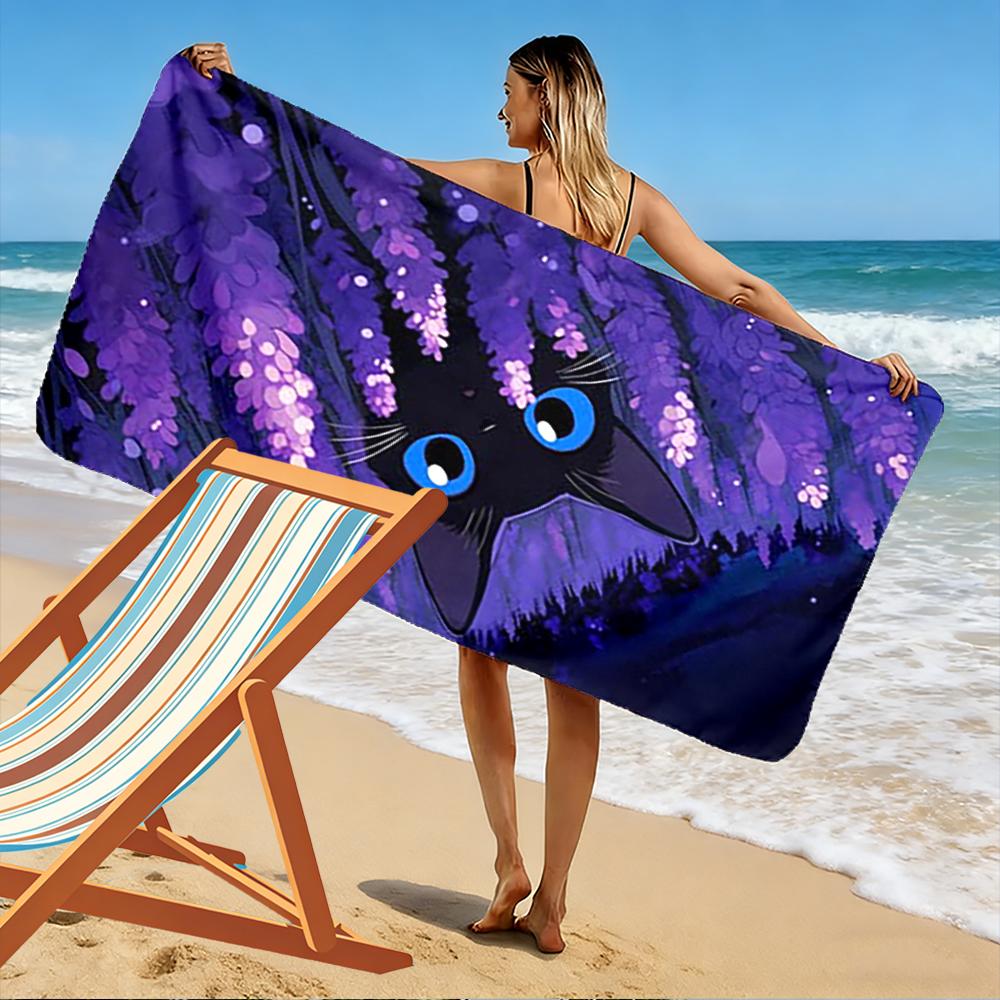 Black Cat In Lavender Field Design Beach Towel Quick-drying for Travel Outdoor Sports Jogging Beach and Swimming