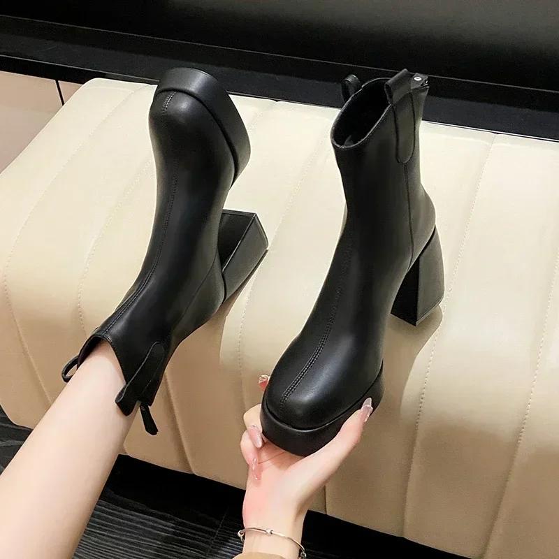 Fashion High Heels Women Ankle Boots Square Toe Fashion Leather Shoes Winter 2024 Trend Designer Goth Chunky Luxury Snow Botas Mujer