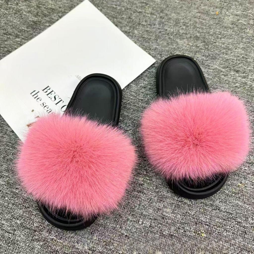 Women'S Faux Fox Fur Slippers Large Summer Open-Toe Fluffy Casual Anti-Slip Sandals Fluffy Black Slide Fur Slider