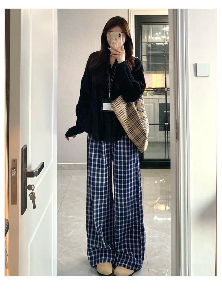 Petite Blue Plaid Loose Straight-Leg Pants - Zhao Lusi Style for Women, Spring/Autumn, 145cm